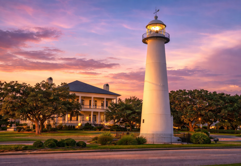 Lighthouse at twilight with mansion